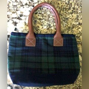 Mini Tote Bag Green Blue Plaid with Tan Vegan Leather Handles New